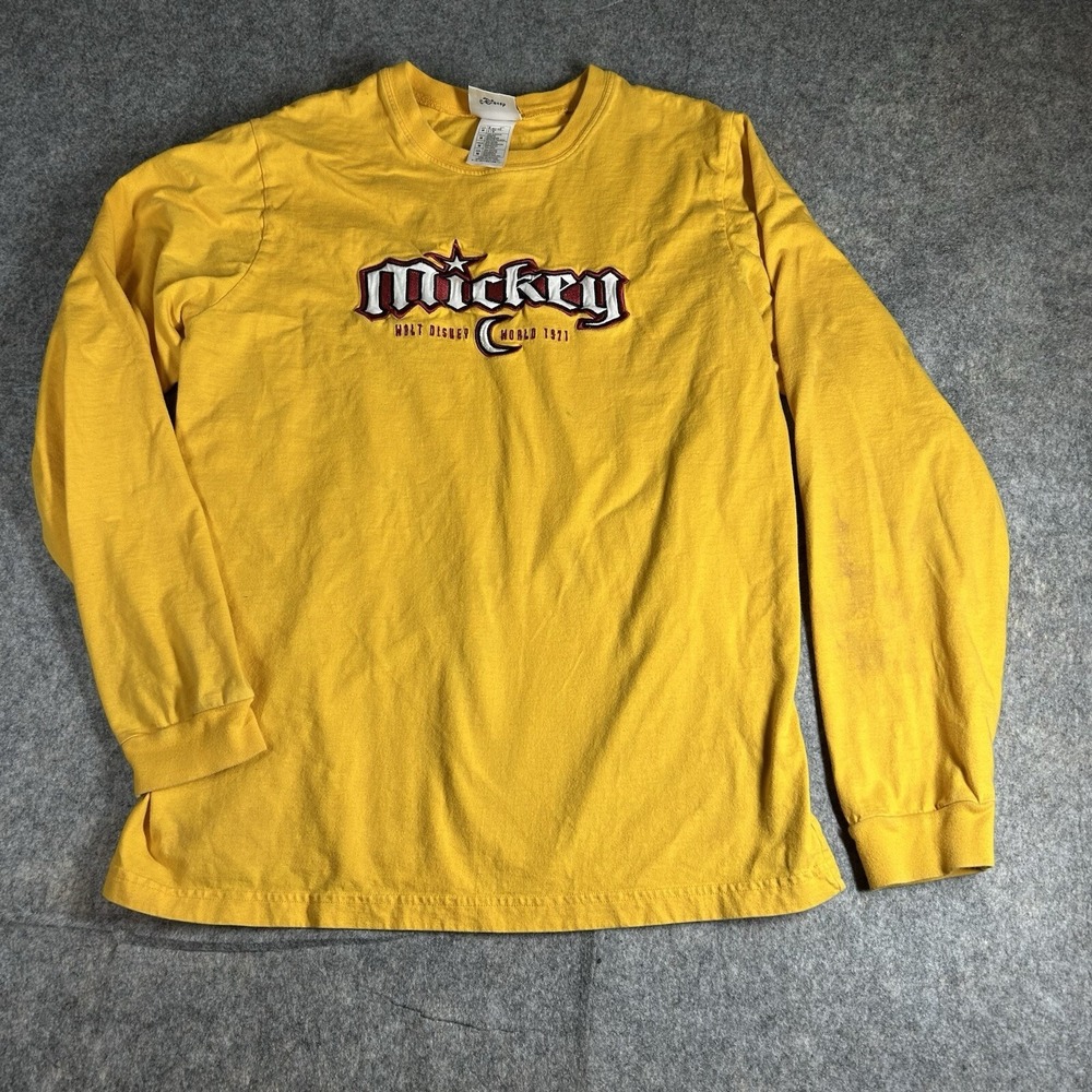 Vintage Walt Disney World T-Shirt Size Medium Yellow Embroidered Mickey Flaws